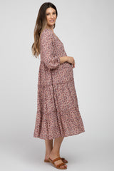 Mauve Floral Button Front Tiered Ruffle Maternity Midi Dress