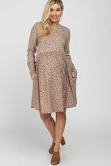 Taupe Floral Ribbed Long Sleeve Maternity Dress