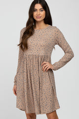 Taupe Floral Ribbed Long Sleeve Dress