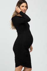 Black Side Ruched Fitted Maternity Dress