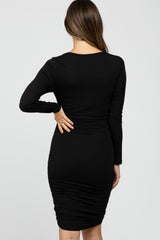 Black Side Ruched Fitted Maternity Dress