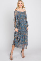 Blue Floral Chiffon Square Neck Ruffle Hem Midi Dress