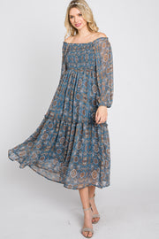 Blue Floral Chiffon Square Neck Ruffle Hem Midi Dress