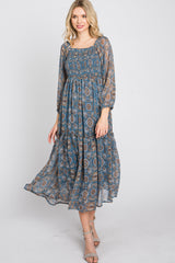 Blue Floral Chiffon Square Neck Ruffle Hem Midi Dress