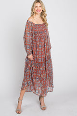 Rust Floral Chiffon Square Neck Ruffle Hem Midi Dress