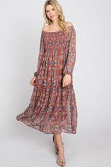 Rust Floral Chiffon Square Neck Ruffle Hem Midi Dress