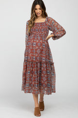 Rust Floral Chiffon Square Neck Ruffle Hem Maternity Midi Dress