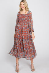 Rust Floral Chiffon Square Neck Ruffle Hem Midi Dress