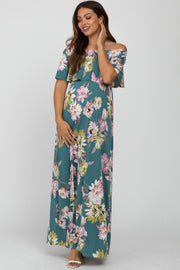 Teal Floral Flounce Off Shoulder Maternity Maxi Dress