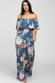 Blue Floral Off Shoulder Maxi Dress