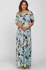 Mint Green Floral Off Shoulder Maternity Maxi Dress