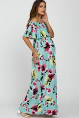 Mint Green Floral Off Shoulder Maternity Maxi Dress