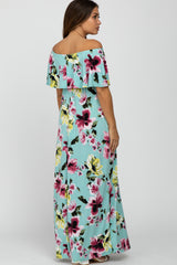 Mint Green Floral Off Shoulder Maternity Maxi Dress