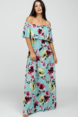 Mint Green Floral Off Shoulder Maternity Maxi Dress