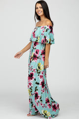 Mint Green Floral Off Shoulder Maxi Dress