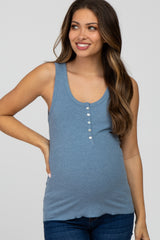 Blue Ribbed Button Front Maternity Tank Top