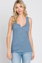 Blue Ribbed Button Front Maternity Tank Top