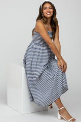 Navy Blue Checkered Square Neck Smocked Maternity Midi Dress