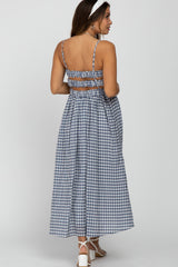 Navy Blue Checkered Square Neck Smocked Maternity Midi Dress