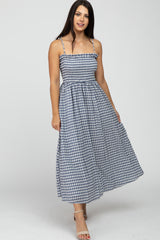 Navy Blue Checkered Square Neck Smocked Maternity Midi Dress