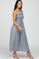 Navy Blue Checkered Square Neck Smocked Midi Dress