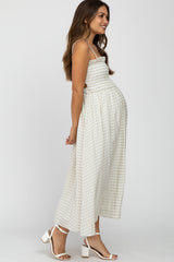 Taupe Checkered Square Neck Smocked Maternity Midi Dress