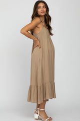 Taupe Ruffle Hem Maternity Midi Dress