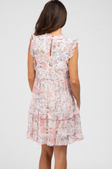 Multi-Color Floral Chiffon Mock Neck Ruffle Sleeve Dress