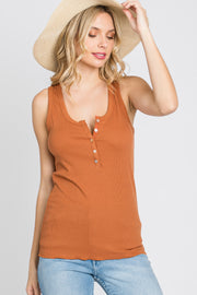 Rust Ribbed Button Front Tank Top