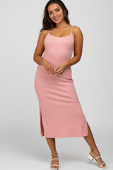 Pink Ribbed Sleeveless Maternity Midi Dress