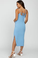 Light Blue Ribbed Sleeveless Maternity Midi Dress