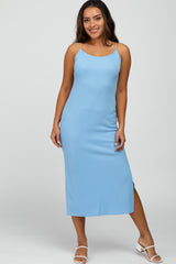 Light Blue Ribbed Sleeveless Maternity Midi Dress