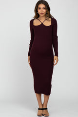 Plum Ribbed Strap Front Cutout Maternity Midi Dress