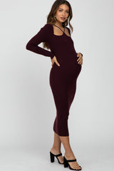 Plum Ribbed Strap Front Cutout Maternity Midi Dress