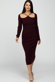 Plum Ribbed Strap Front Cutout Midi Dress