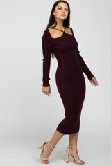 Plum Ribbed Strap Front Cutout Midi Dress