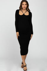 Black Ribbed Strap Front Cutout Maternity Midi Dress