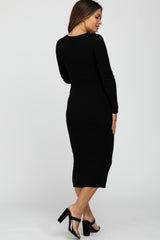 Black Ribbed Strap Front Cutout Maternity Midi Dress