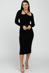 Black Ribbed Strap Front Cutout Midi Dress