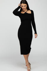 Black Ribbed Strap Front Cutout Midi Dress