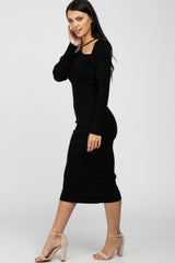 Black Ribbed Strap Front Cutout Midi Dress