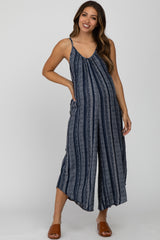 Navy Blue Printed Stripe Maternity Jumpsuit