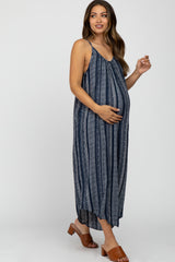 Navy Blue Printed Stripe Maternity Jumpsuit