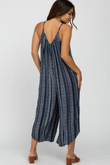 Navy Blue Printed Stripe Maternity Jumpsuit