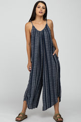 Navy Blue Printed Stripe Maternity Jumpsuit