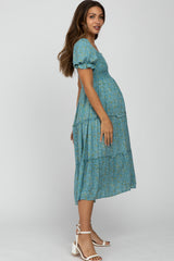 Teal Floral Smocked Tiered Maternity Midi Dress