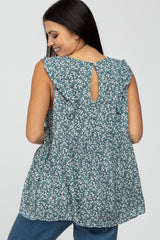 Teal Floral Ruffle Front Tank Top