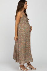 Olive Floral Sleeveless Ruffle Hem Maternity Maxi Dress