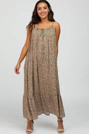 Olive Floral Sleeveless Ruffle Hem Maxi Dress