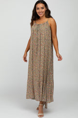 Olive Floral Sleeveless Ruffle Hem Maxi Dress